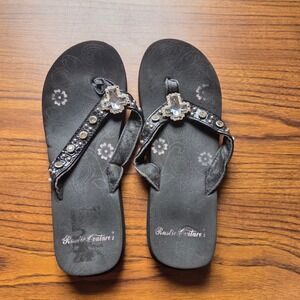 Rustic Couture Black Rhinestone Cross Flip Flop Sandals Western Style